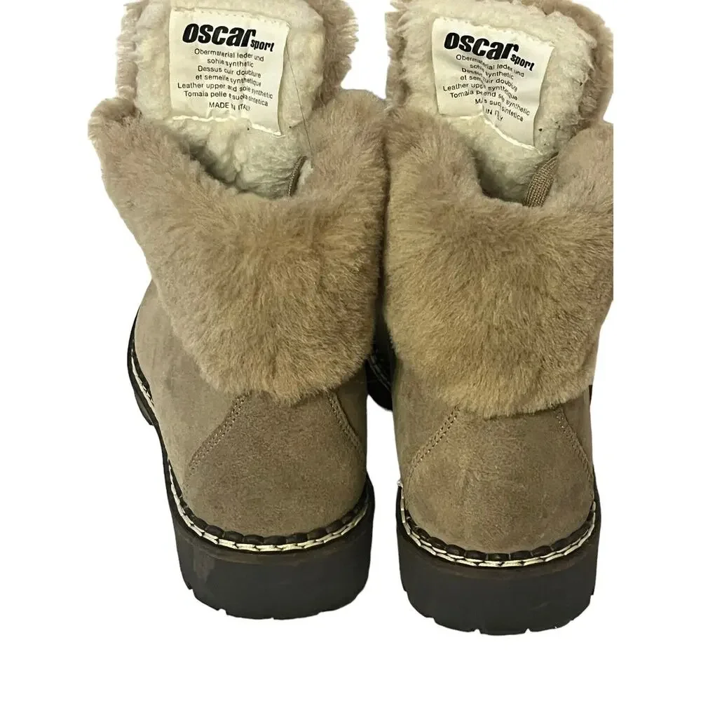Oscar Sport Forest Fur Ankle Boots •Women 6 EU 36• Italy Lace Up EXC Taupe Tan